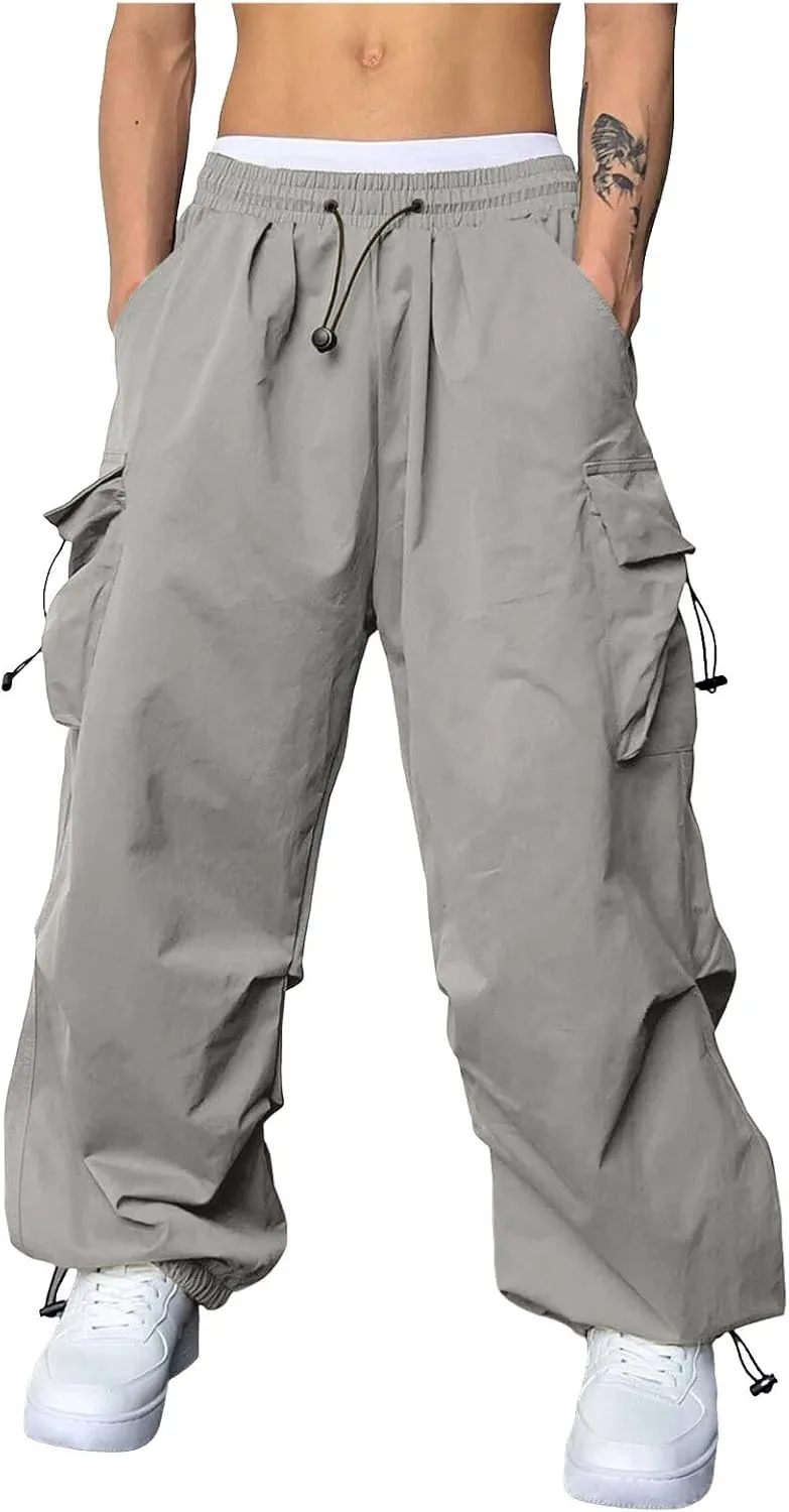 Men's Baggy Cargo Pants Casual Drawstring Waist Loose Fit Outdoor Parachute Pants Multi Pockets