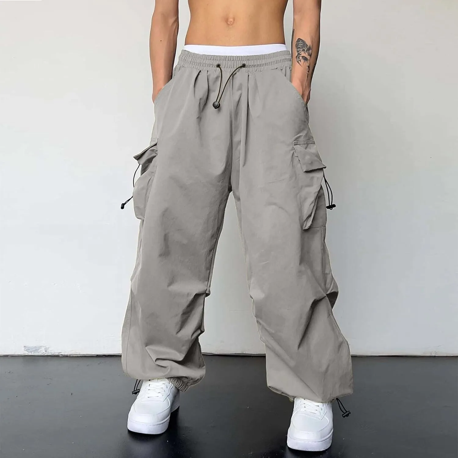 Men's Baggy Cargo Pants Casual Drawstring Waist Loose Fit Outdoor Parachute Pants Multi Pockets
