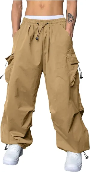 Men's Baggy Cargo Pants Casual Drawstring Waist Loose Fit Outdoor Parachute Pants Multi Pockets