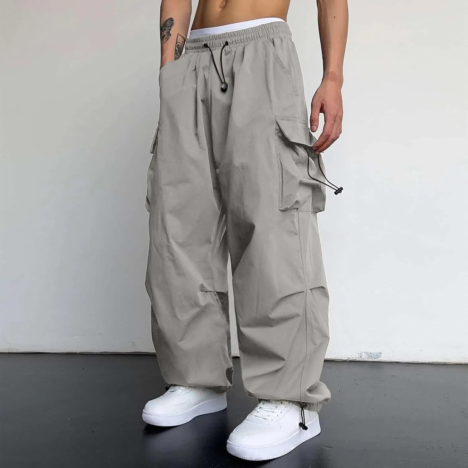 Men's Baggy Cargo Pants Casual Drawstring Waist Loose Fit Outdoor Parachute Pants Multi Pockets