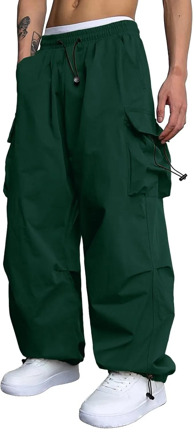 Men's Baggy Cargo Pants Casual Drawstring Waist Loose Fit Outdoor Parachute Pants Multi Pockets