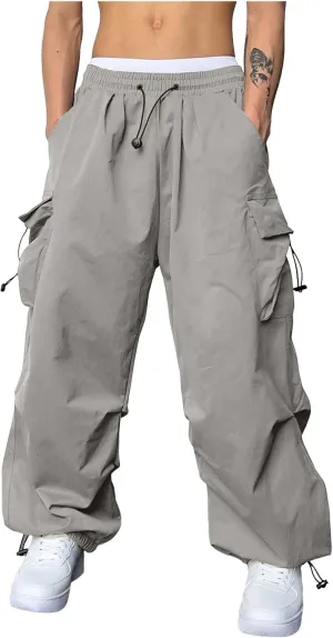 Men's Baggy Cargo Pants Casual Drawstring Waist Loose Fit Outdoor Parachute Pants Multi Pockets
