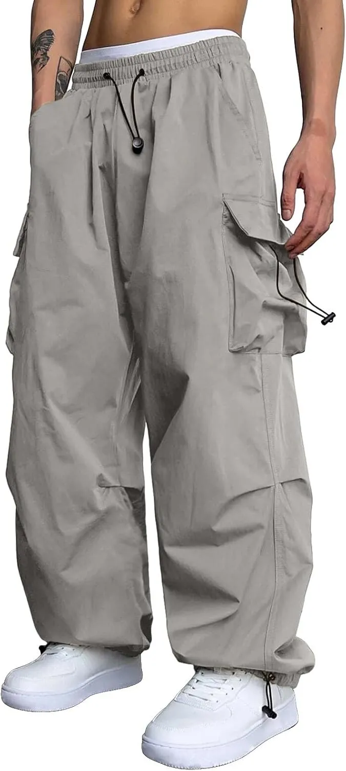 Men's Baggy Cargo Pants Casual Drawstring Waist Loose Fit Outdoor Parachute Pants Multi Pockets