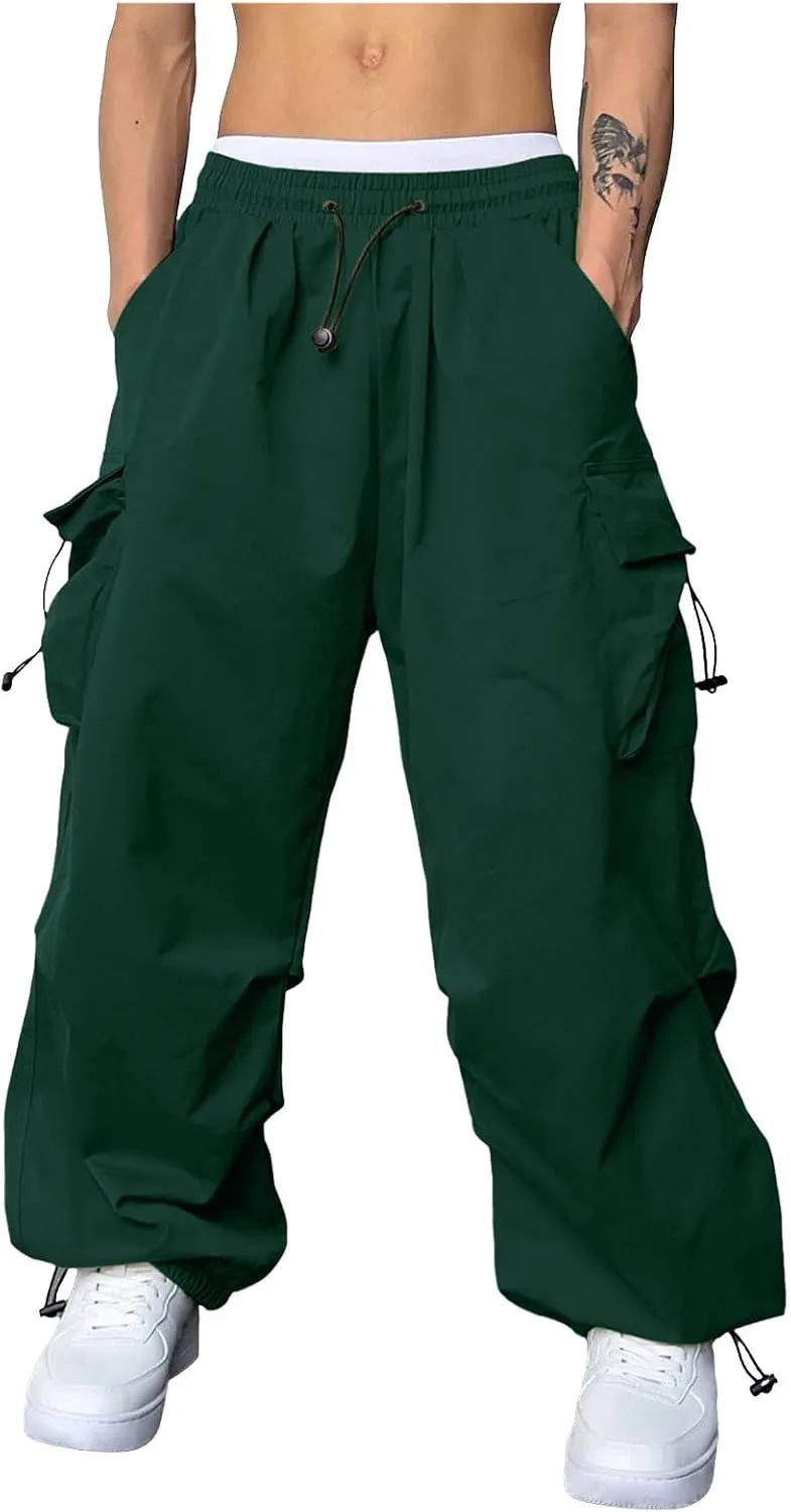 Men's Baggy Cargo Pants Casual Drawstring Waist Loose Fit Outdoor Parachute Pants Multi Pockets
