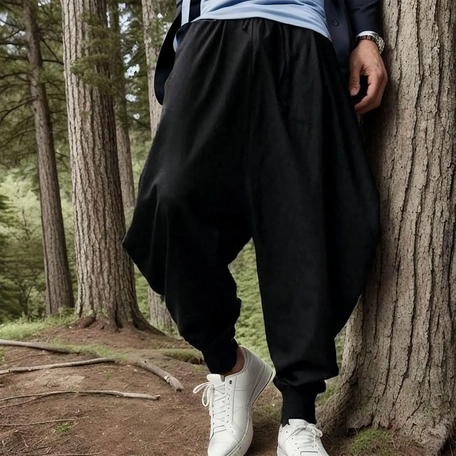Mens Baggy Gypsy Boho Pants Cotton Linen Yoga Casual Drop Crotch Trousers Big and Tall Hippie Aladdin Harem Pants
