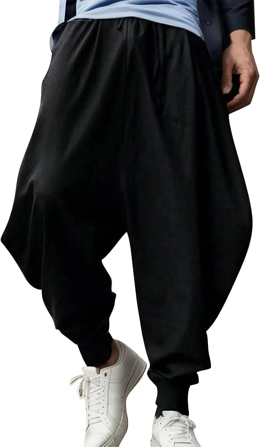 Mens Baggy Gypsy Boho Pants Cotton Linen Yoga Casual Drop Crotch Trousers Big and Tall Hippie Aladdin Harem Pants
