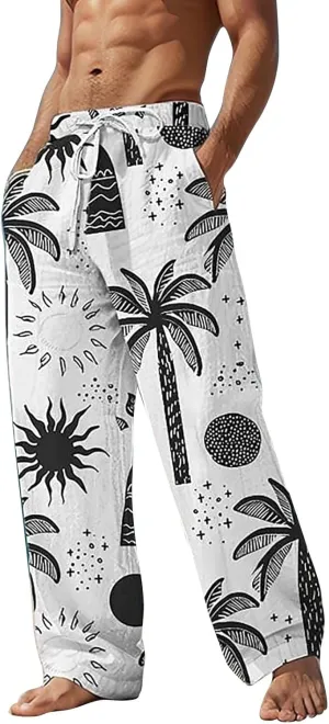 Mens Baggy Wide Leg Boho Pants Loose Fit Casual Coconut Tree Hippie Printed Harem Pants Casual Gym Jogger Sweatpants