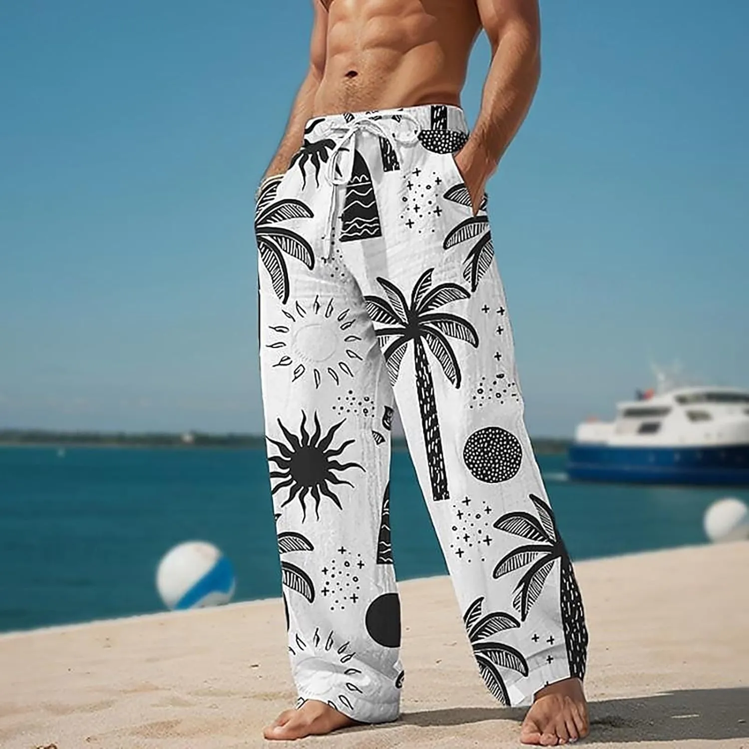 Mens Baggy Wide Leg Boho Pants Loose Fit Casual Coconut Tree Hippie Printed Harem Pants Casual Gym Jogger Sweatpants