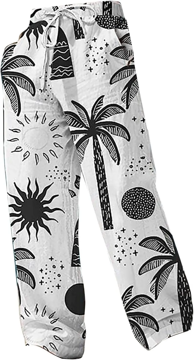 Mens Baggy Wide Leg Boho Pants Loose Fit Casual Coconut Tree Hippie Printed Harem Pants Casual Gym Jogger Sweatpants