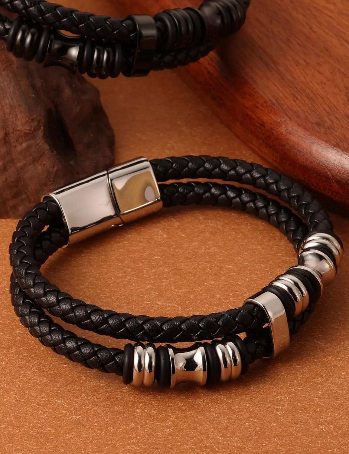 Mens Bracelet,Gifts for Men,Double-Row Black Braided Leather Bracelets for Men,Black Stainless Steel Cross Jewelry With Black Onyx Beads Bracelets,Charm Bracelet,For Dad,Friends,Brother,Sons