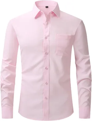 Men's Business Long Sleeve Dress Shirt Solid Color Pocket Office Work Shirt Wrinkle Resistant Interview Dating Smart Top