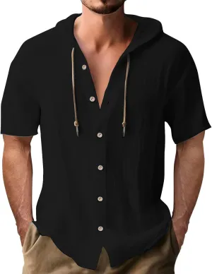 Mens Button Down Linen Shirts Summer Short Sleeve Hoodie Tops Lightweight Casual Hawaiian Beach Tees Hippie Clothes