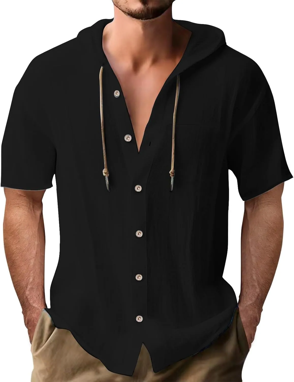 Mens Button Down Linen Shirts Summer Short Sleeve Hoodie Tops Lightweight Casual Hawaiian Beach Tees Hippie Clothes