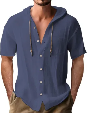 Mens Button Down Linen Shirts Summer Short Sleeve Hoodie Tops Lightweight Casual Hawaiian Beach Tees Hippie Clothes