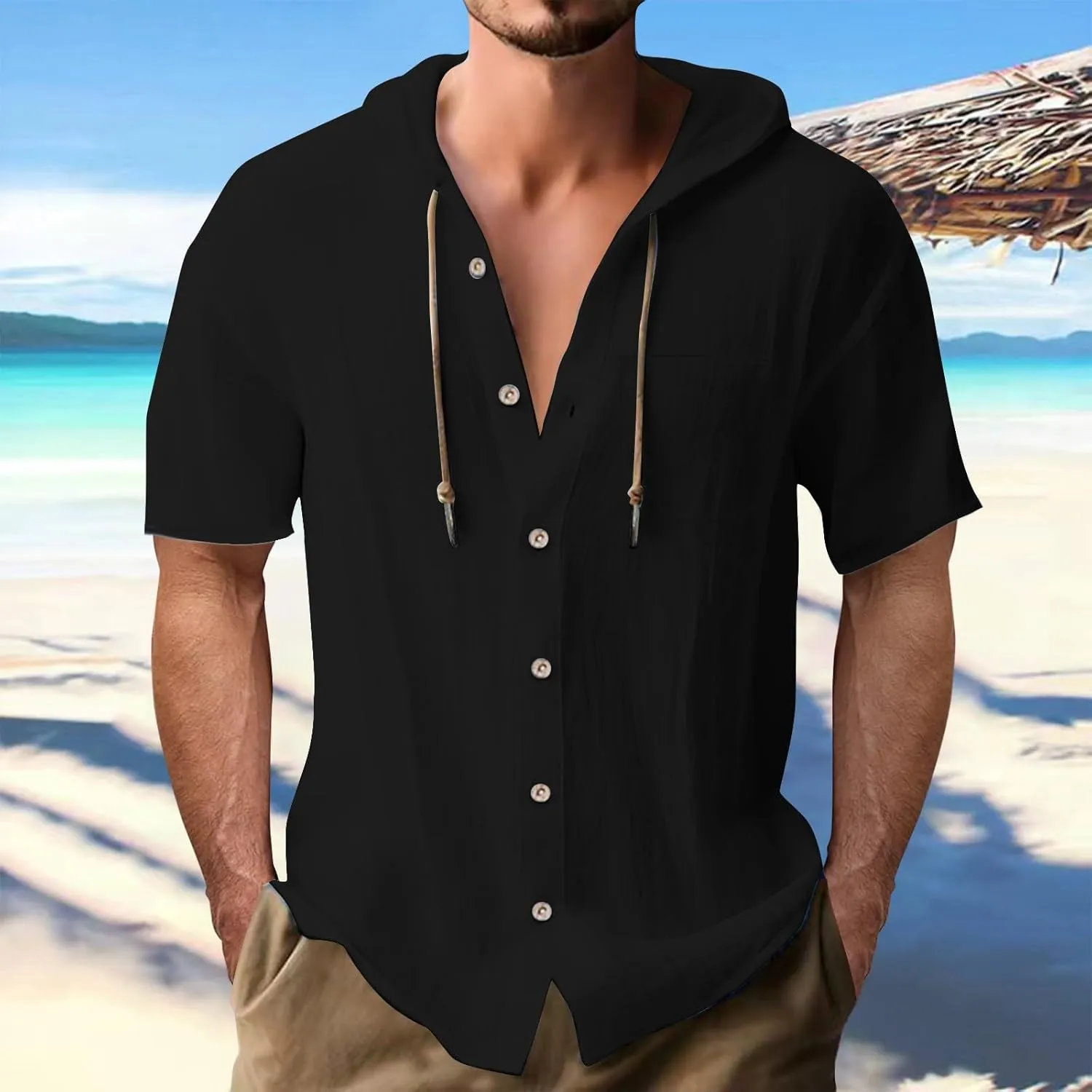 Mens Button Down Linen Shirts Summer Short Sleeve Hoodie Tops Lightweight Casual Hawaiian Beach Tees Hippie Clothes