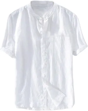 Men's Button Down Short Sleeve Shirts Lightweight Cotton Linen Casual Loose Fit Shirt Band Collar Hippie Beach Tops