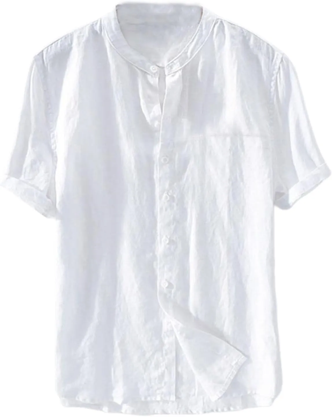 Men's Button Down Short Sleeve Shirts Lightweight Cotton Linen Casual Loose Fit Shirt Band Collar Hippie Beach Tops
