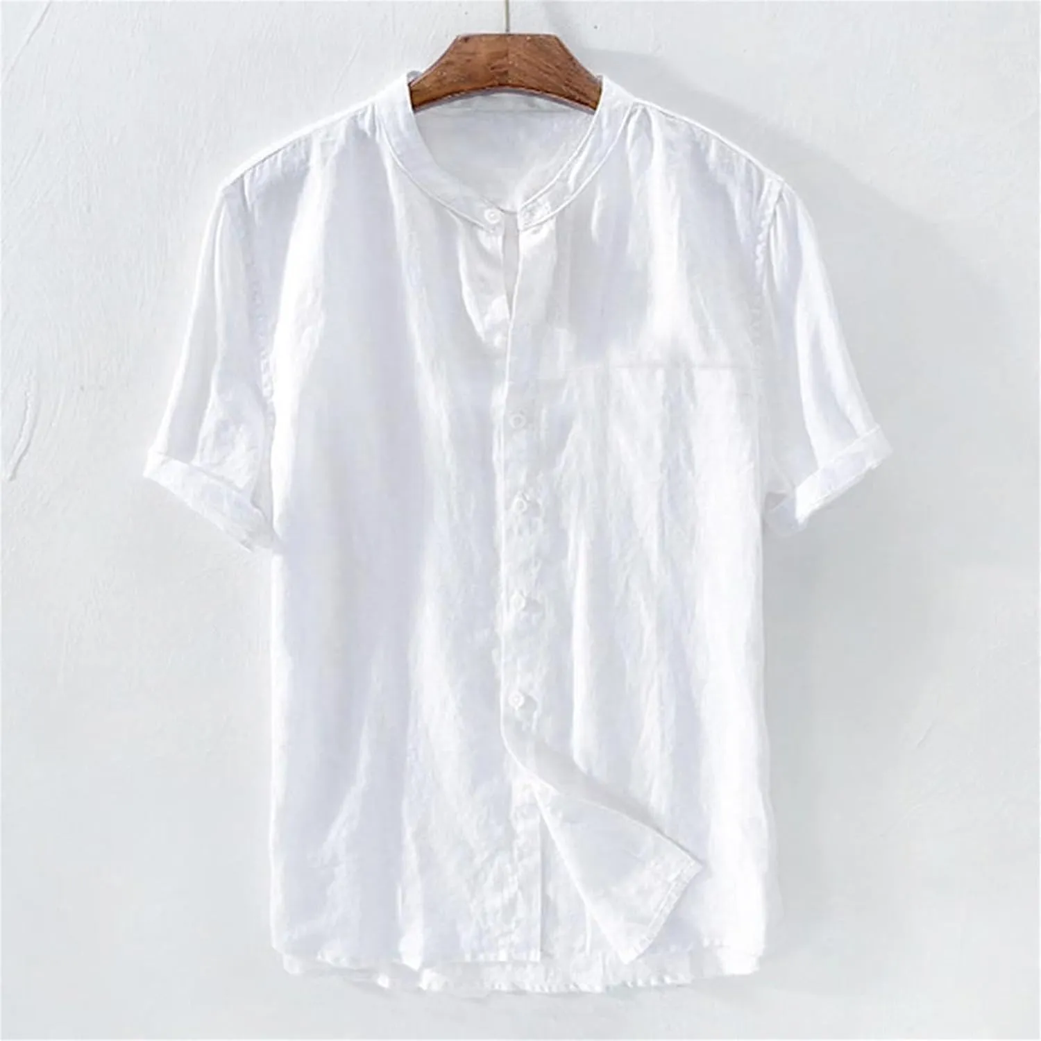 Men's Button Down Short Sleeve Shirts Lightweight Cotton Linen Casual Loose Fit Shirt Band Collar Hippie Beach Tops