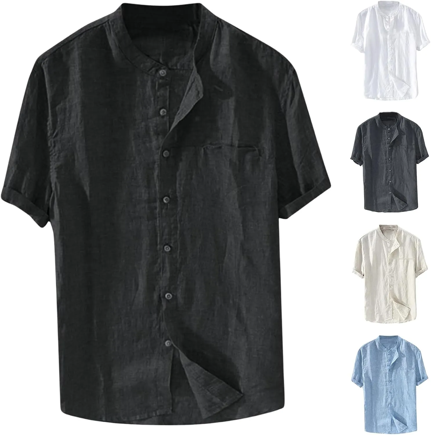 Men's Button Down Short Sleeve Shirts Lightweight Cotton Linen Casual Loose Fit Shirt Band Collar Hippie Beach Tops