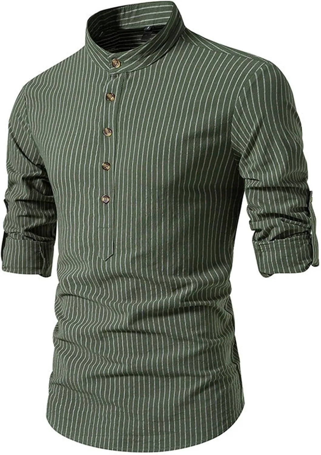 Mens Button Up Striped Work Shirts Long Sleeve Stand Collar Slim Fit Dress Shirts Casual Cotton Western Poplin Shirt