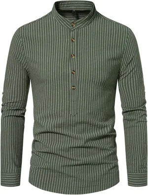 Mens Button Up Striped Work Shirts Long Sleeve Stand Collar Slim Fit Dress Shirts Casual Cotton Western Poplin Shirt