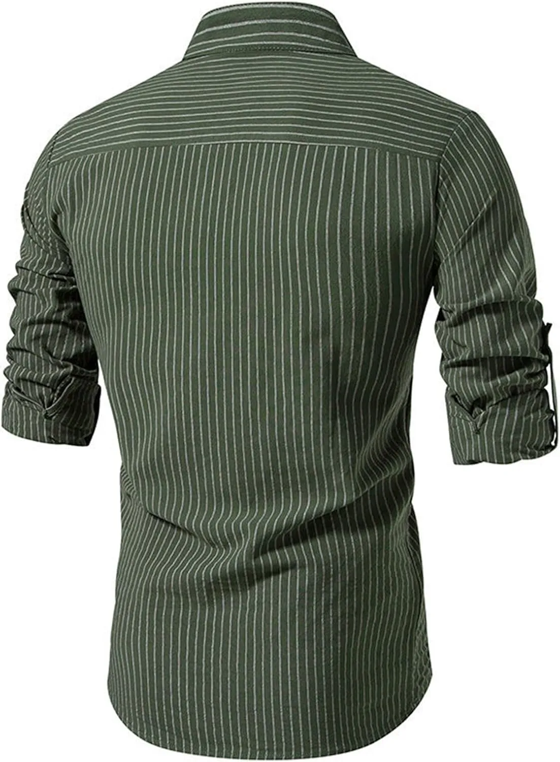 Mens Button Up Striped Work Shirts Long Sleeve Stand Collar Slim Fit Dress Shirts Casual Cotton Western Poplin Shirt