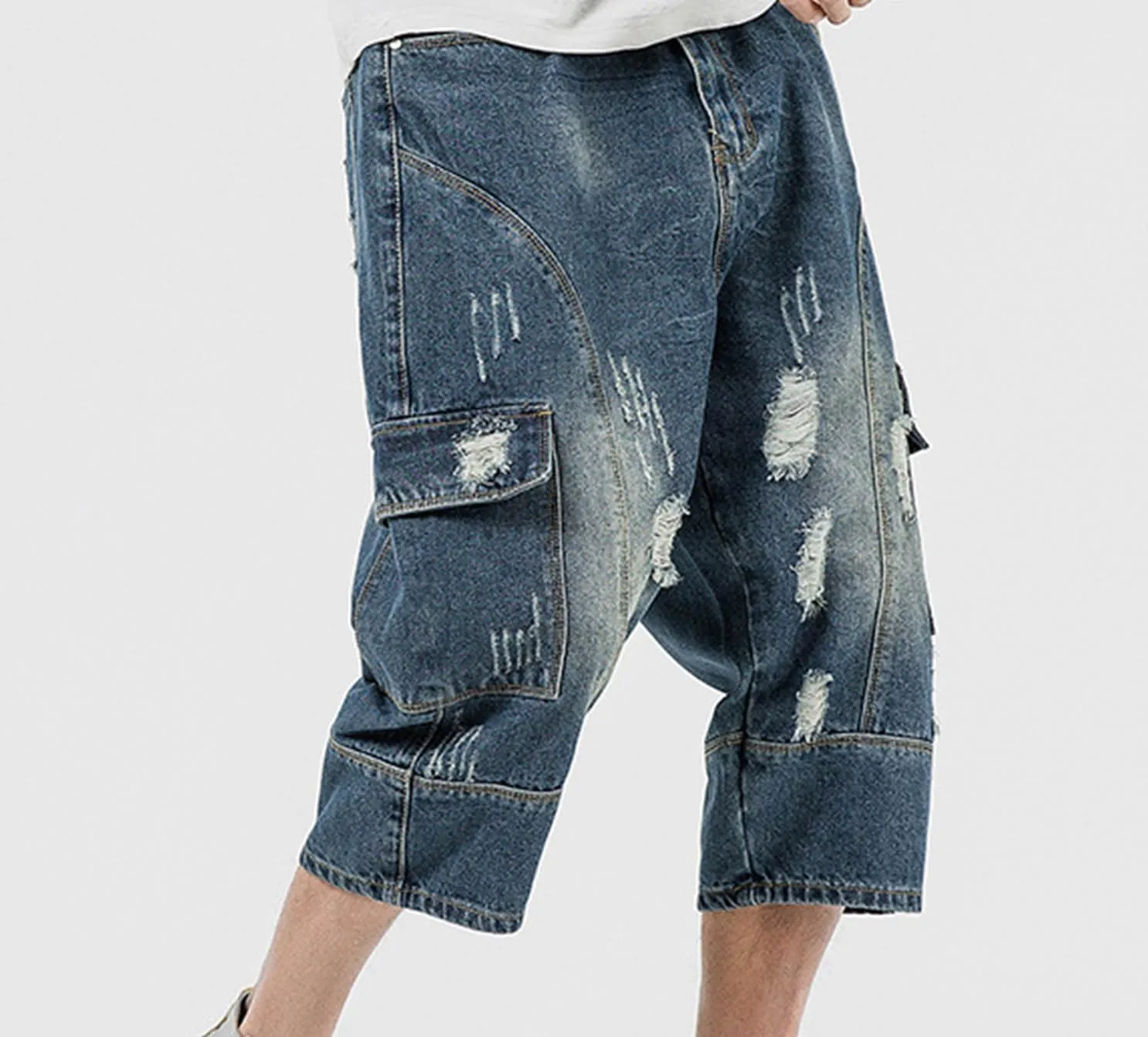Men's Capri Denim Shorts, Mens Ripped 3/4 Cropped Trousers Chino Short Jeans Casual Workwear Bottoms