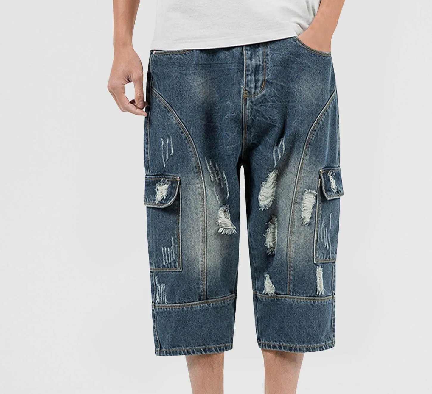 Men's Capri Denim Shorts, Mens Ripped 3/4 Cropped Trousers Chino Short Jeans Casual Workwear Bottoms