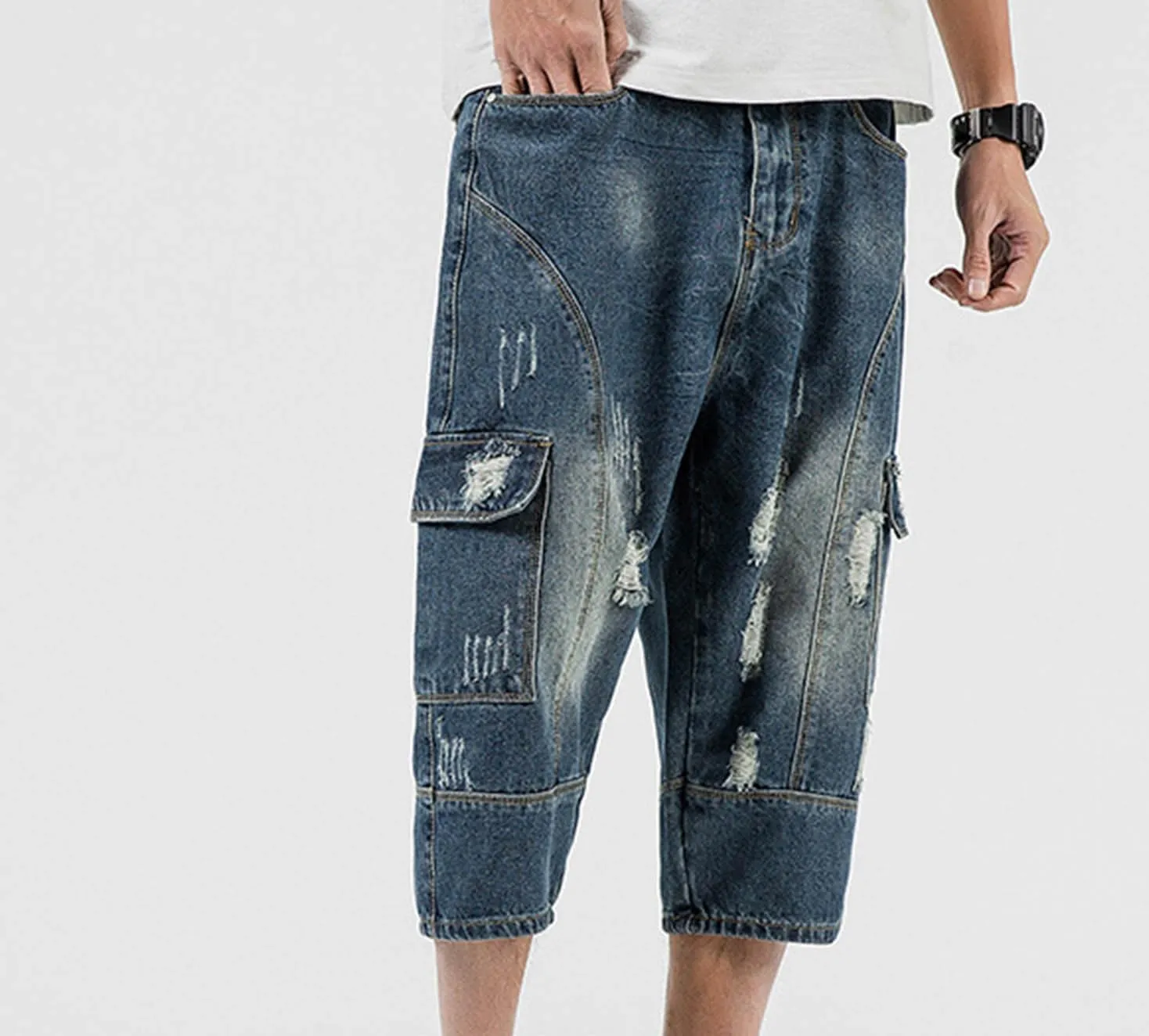 Men's Capri Denim Shorts, Mens Ripped 3/4 Cropped Trousers Chino Short Jeans Casual Workwear Bottoms