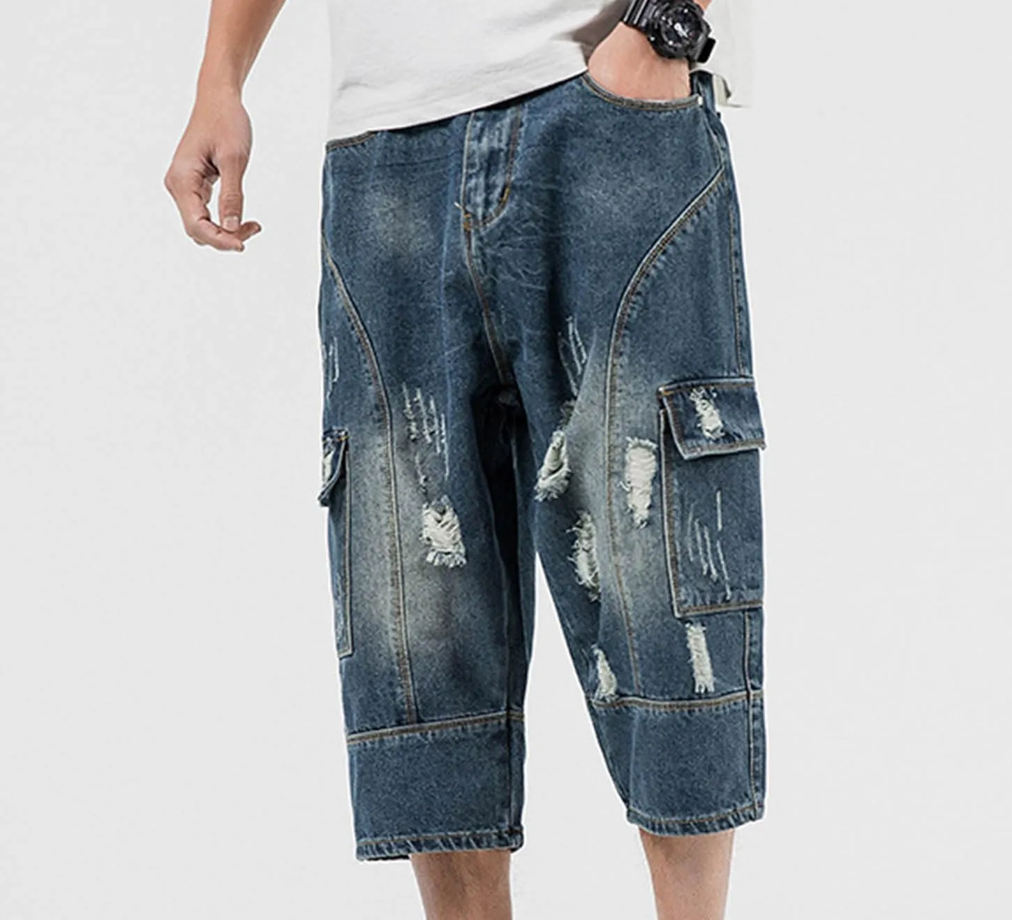 Men's Capri Denim Shorts, Mens Ripped 3/4 Cropped Trousers Chino Short Jeans Casual Workwear Bottoms