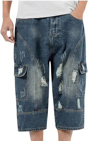 Men's Capri Denim Shorts, Mens Ripped 3/4 Cropped Trousers Chino Short Jeans Casual Workwear Bottoms