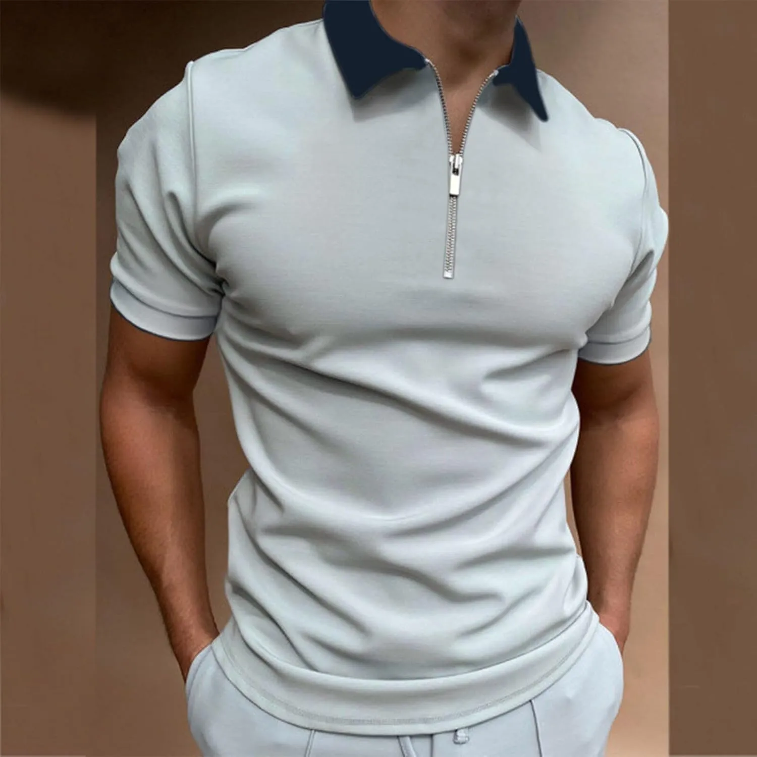 Men's Casual Fashion Short Sleeve Polo Shirts Slim Fit Lapel Zip Up Tactical Golf Tennis T-Shirts Summer Solid Work Tops