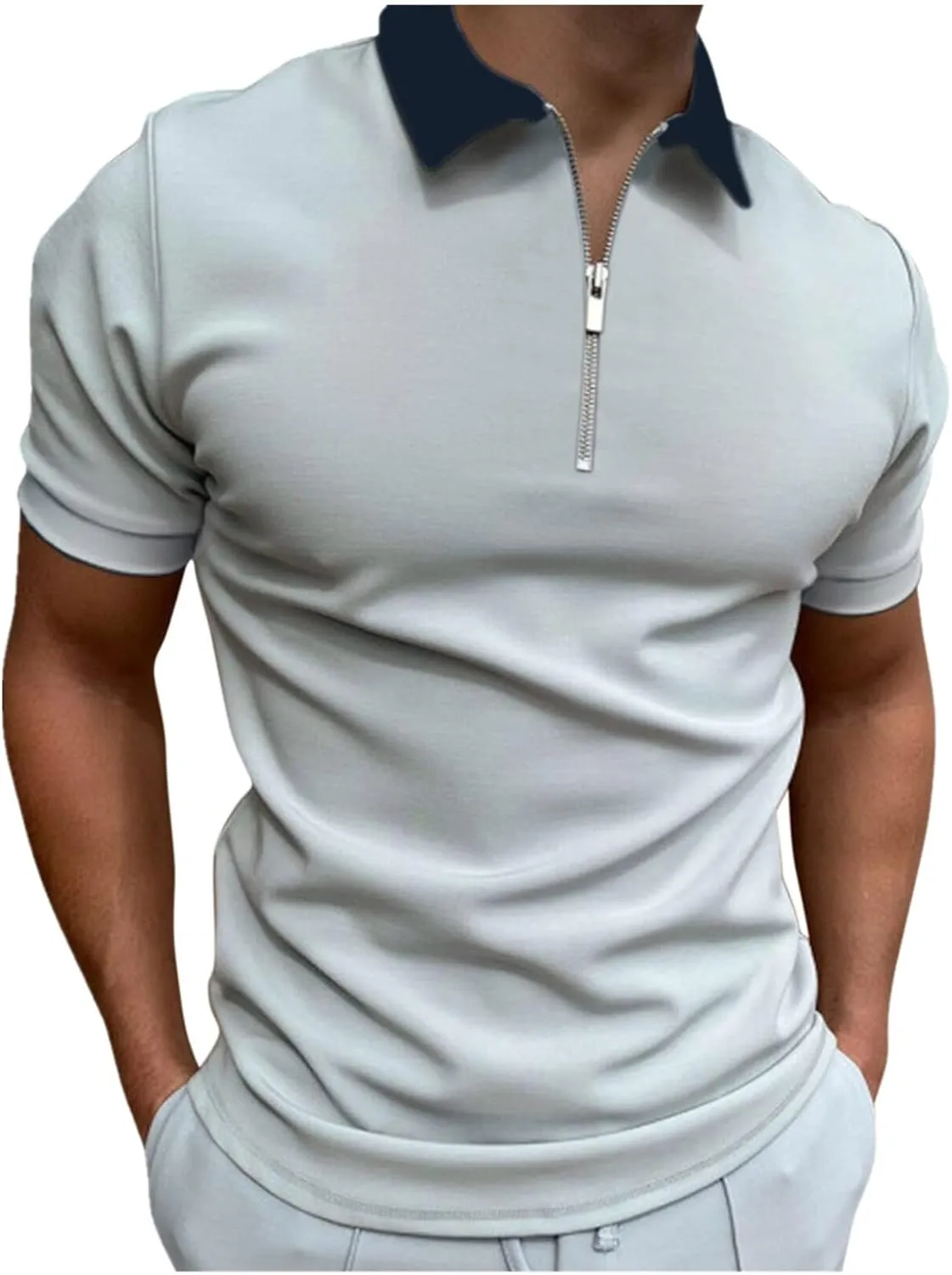 Men's Casual Fashion Short Sleeve Polo Shirts Slim Fit Lapel Zip Up Tactical Golf Tennis T-Shirts Summer Solid Work Tops