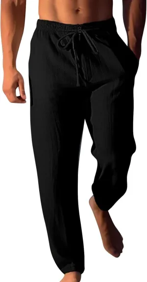 Mens Casual Linen Peasant Pants Loose Fit Straight Leg Harem Pants Elastic Waist Beach Boho Hawaiian Yoga Trousers