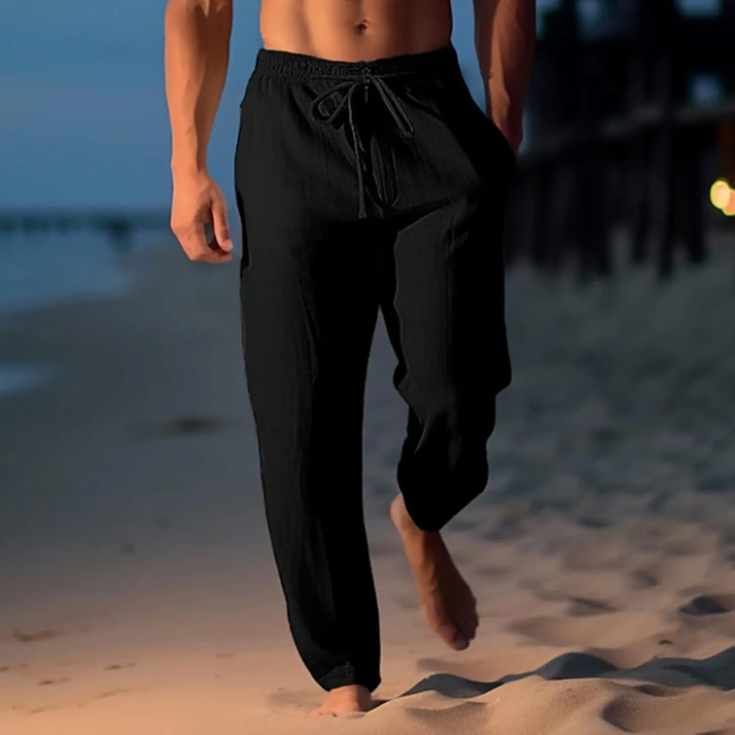 Mens Casual Linen Peasant Pants Loose Fit Straight Leg Harem Pants Elastic Waist Beach Boho Hawaiian Yoga Trousers