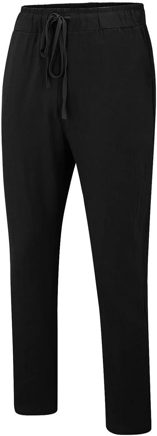Mens Casual Linen Peasant Pants Loose Fit Straight Leg Harem Pants Elastic Waist Beach Boho Hawaiian Yoga Trousers