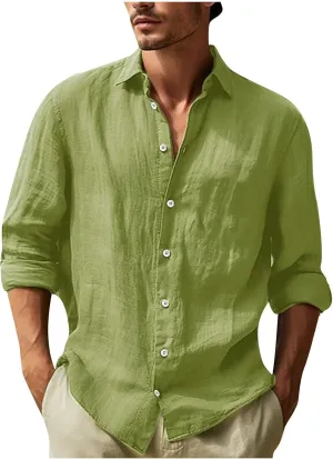 Mens Casual Long Sleeve Cotton Linen Shirts Summer Yoga Tops Regular Fit Plain Holiday Beach Party Button Down Shirts