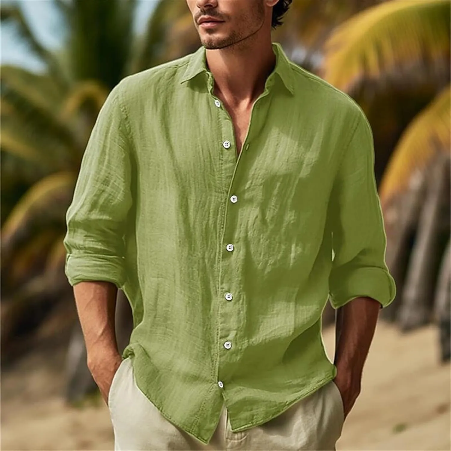 Mens Casual Long Sleeve Cotton Linen Shirts Summer Yoga Tops Regular Fit Plain Holiday Beach Party Button Down Shirts