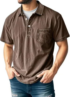 Men's Casual Polo Shirts Short Sleeve Classic Button Distressed Washed T-Shirt Summer Stylish Retro Golf Basic Tees
