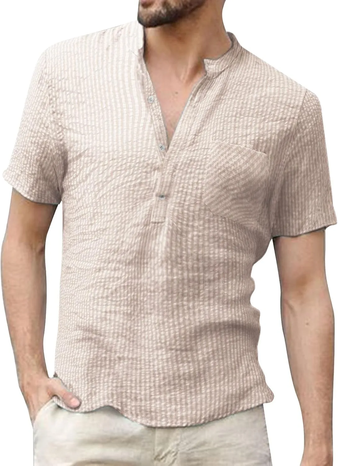 Men's Casual Short Sleeve Button Down Shirts Cotton Linen Vertical Striped Henley T-Shirts Casual Regular Fit Beach Tops Beige