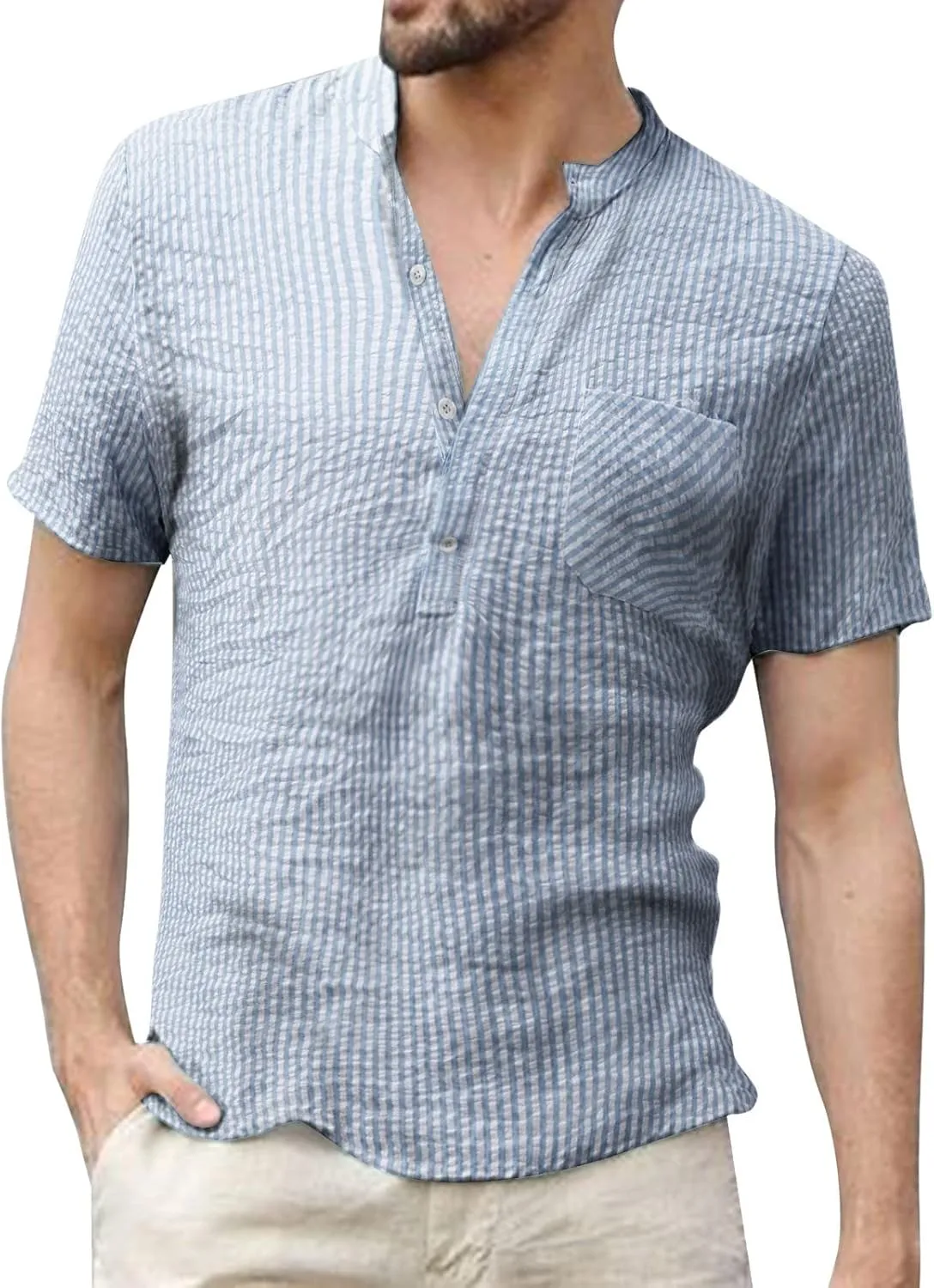 Men's Casual Short Sleeve Button Down Shirts Cotton Linen Vertical Striped Henley T-Shirts Casual Regular Fit Beach Tops Light Blue