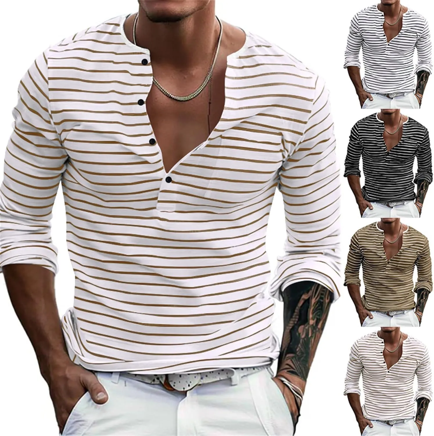Mens Causal Henley T Shirt Long Sleeve Striped Print Deep V Neck Crewneck Slim Fit Trendy Workout Tees Pullover Tops