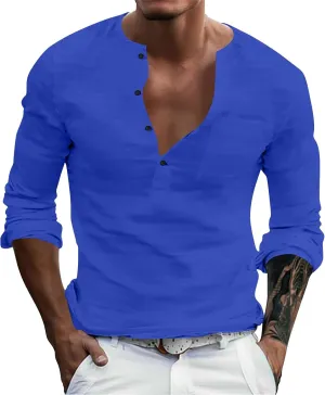 Mens Causal Henley T Shirt Long Sleeve Striped Print Deep V Neck Crewneck Slim Fit Trendy Workout Tees Pullover Tops