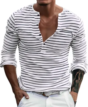 Mens Causal Henley T Shirt Long Sleeve Striped Print Deep V Neck Crewneck Slim Fit Trendy Workout Tees Pullover Tops