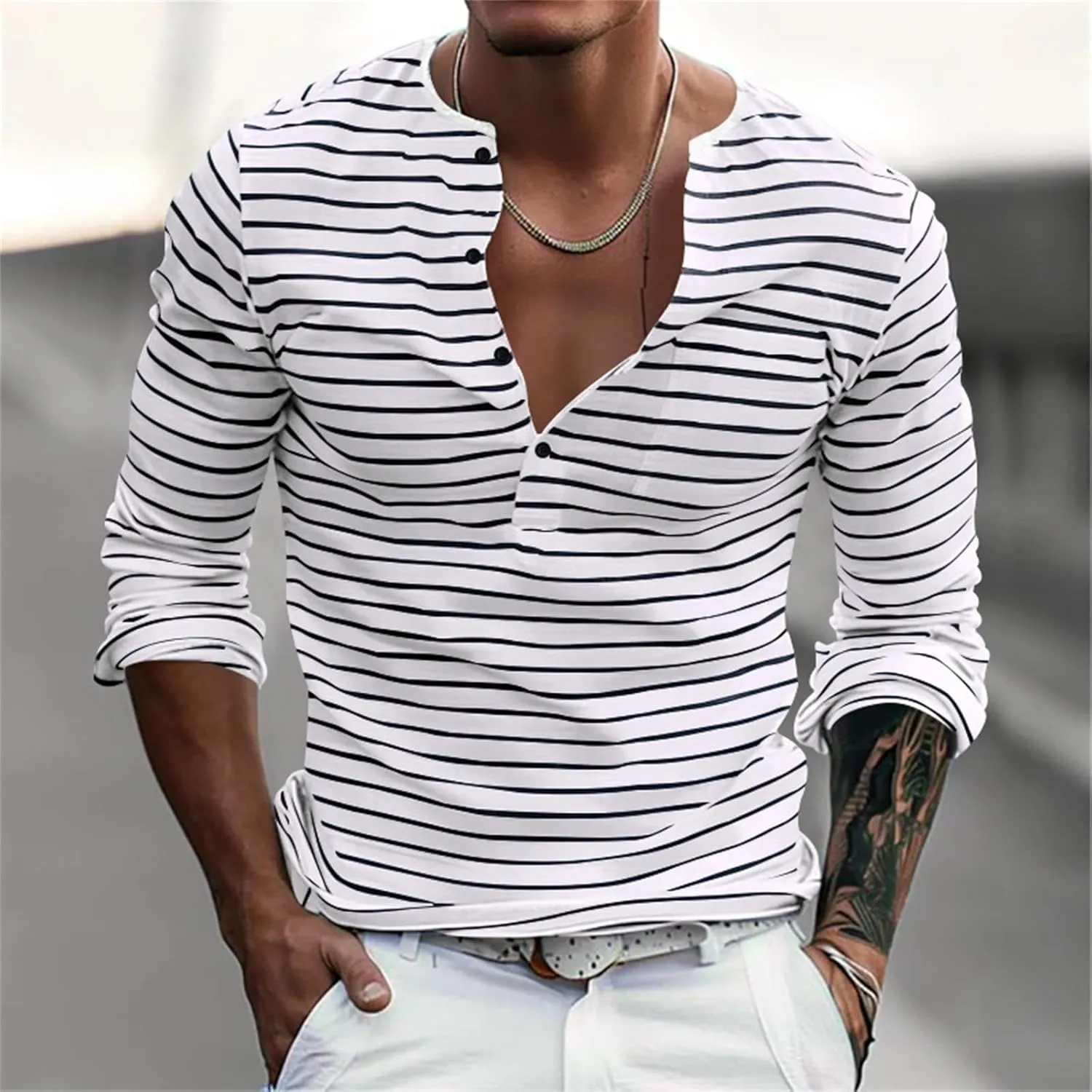 Mens Causal Henley T Shirt Long Sleeve Striped Print Deep V Neck Crewneck Slim Fit Trendy Workout Tees Pullover Tops