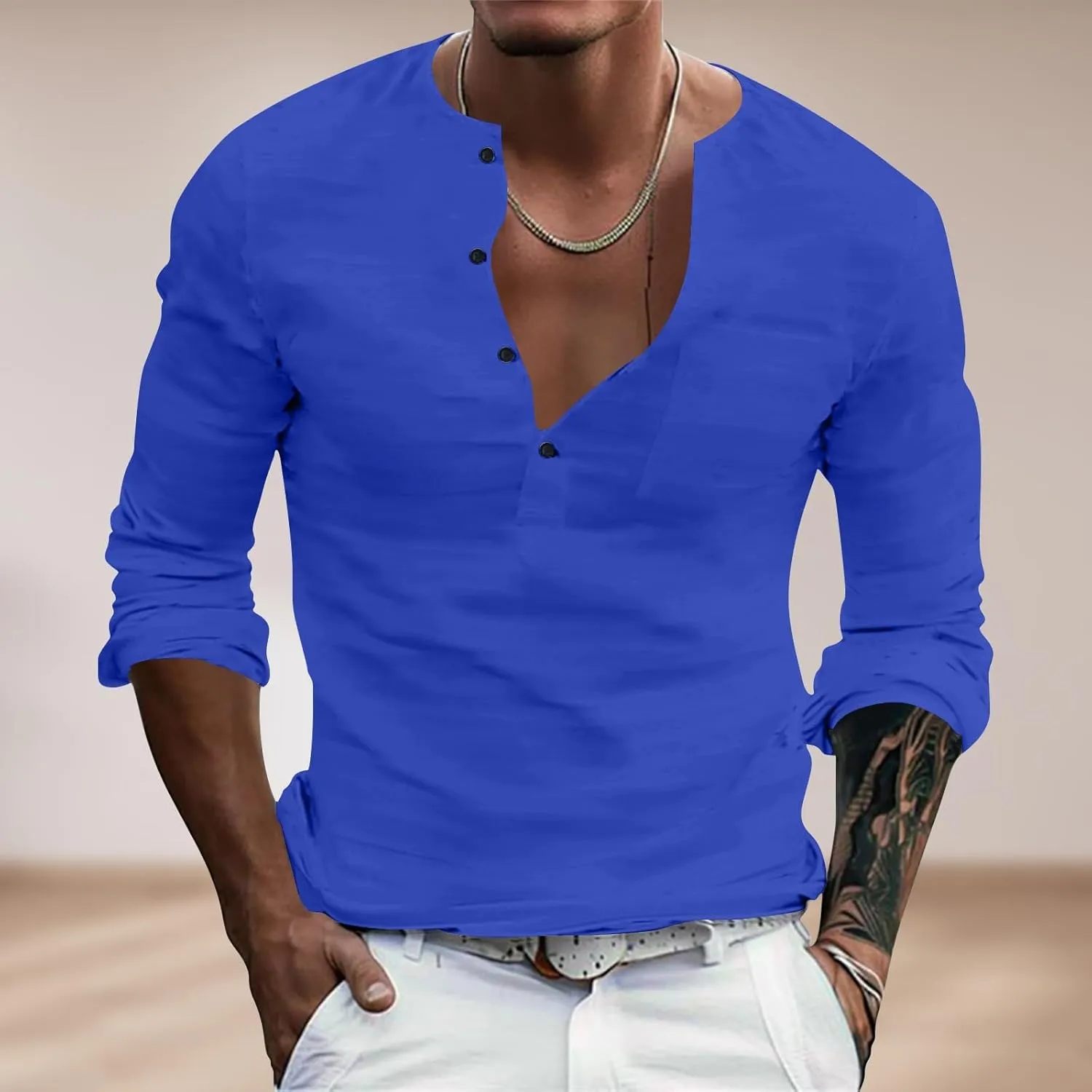 Mens Causal Henley T Shirt Long Sleeve Striped Print Deep V Neck Crewneck Slim Fit Trendy Workout Tees Pullover Tops