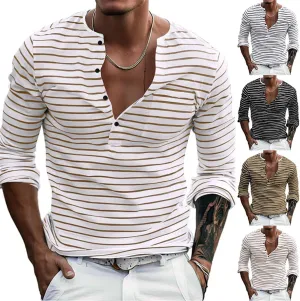 Mens Causal Henley T Shirt Long Sleeve Striped Print Deep V Neck Crewneck Slim Fit Trendy Workout Tees Pullover Tops