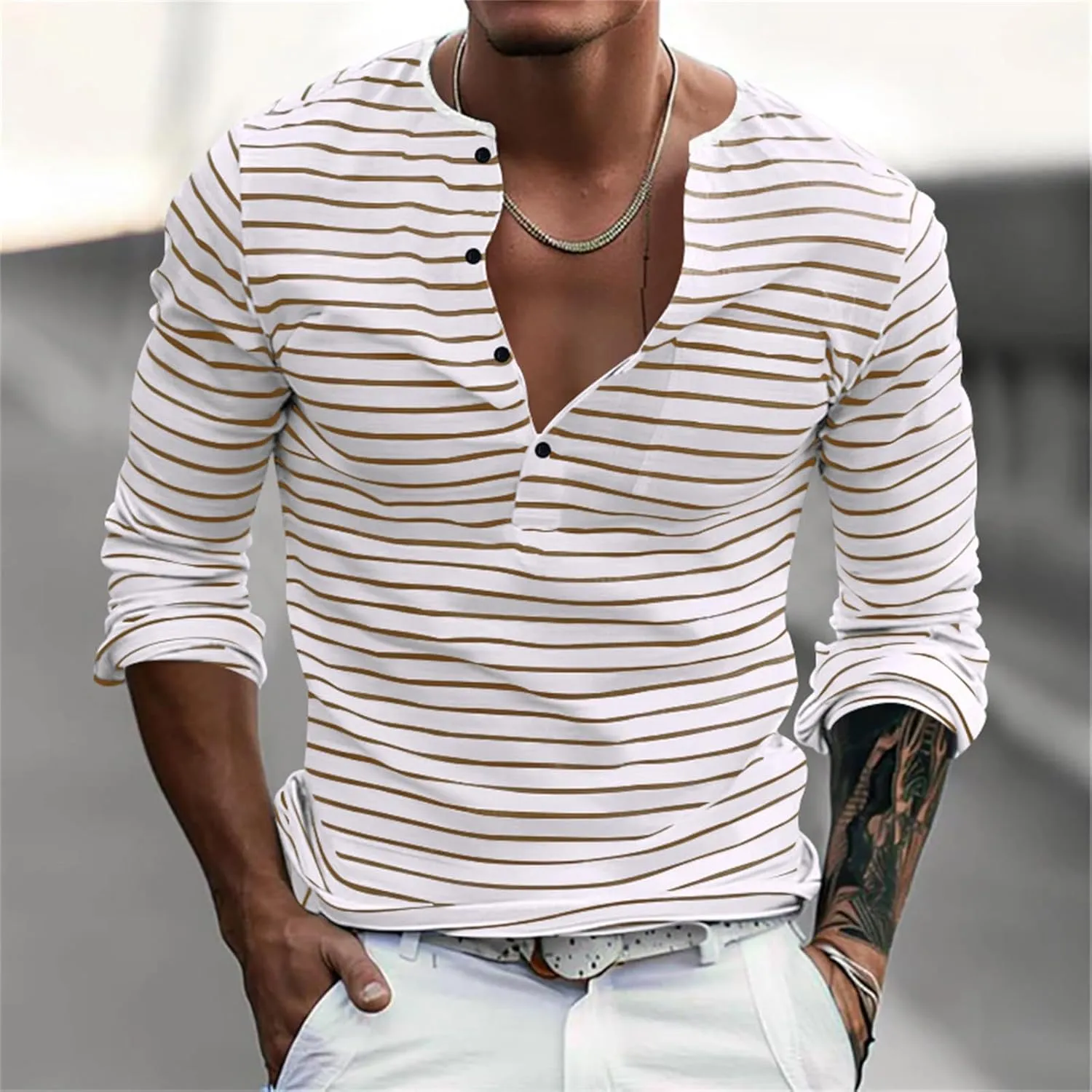 Mens Causal Henley T Shirt Long Sleeve Striped Print Deep V Neck Crewneck Slim Fit Trendy Workout Tees Pullover Tops