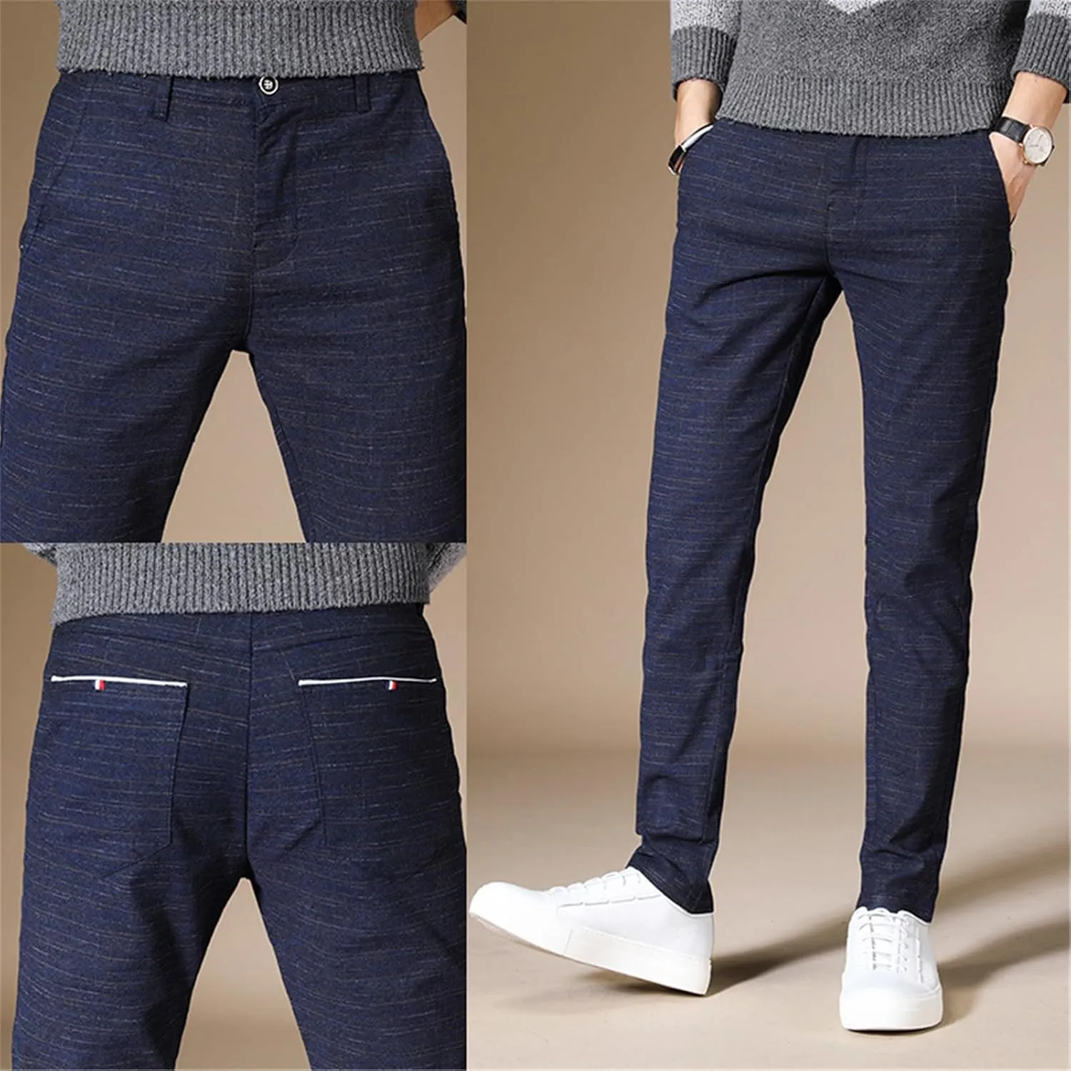 Men's Chinos Jeans Pant Slim Fit Stretch Skinny Dress Pants Casual Business Check Trousers