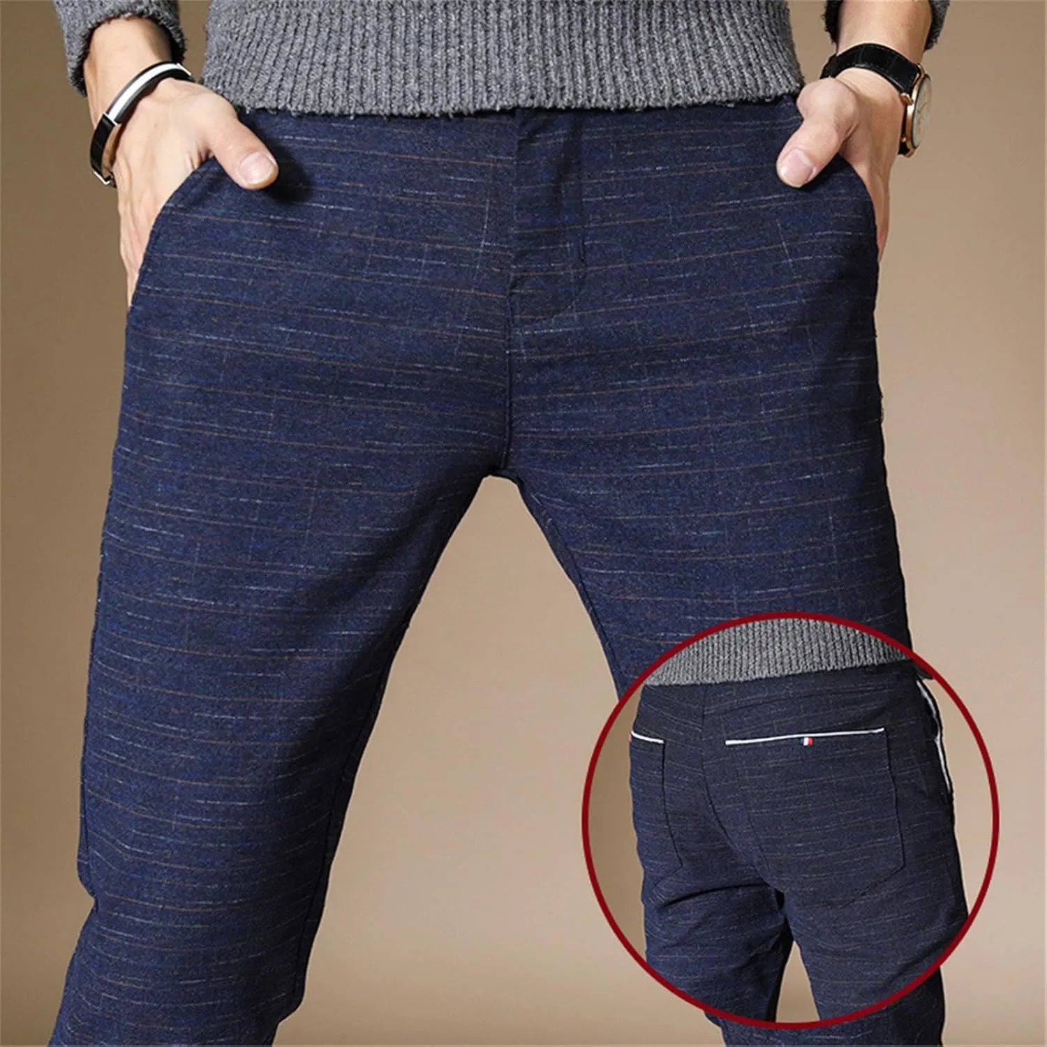 Men's Chinos Jeans Pant Slim Fit Stretch Skinny Dress Pants Casual Business Check Trousers